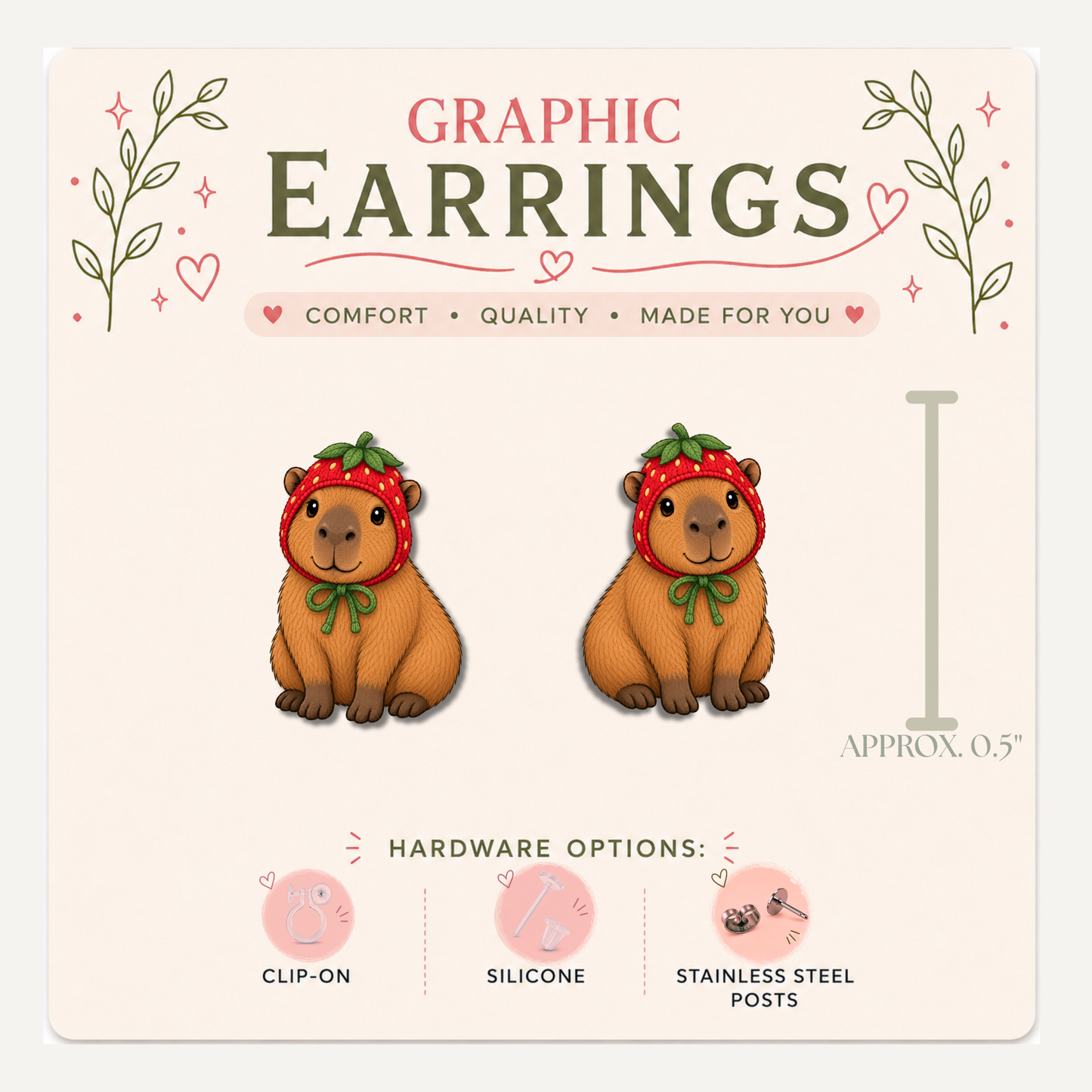 Capybara Strawberry Hat Stud Earrings, Cute Capybara Earrings, Strawberry Animal Studs, Kawaii Fruit Jewelry