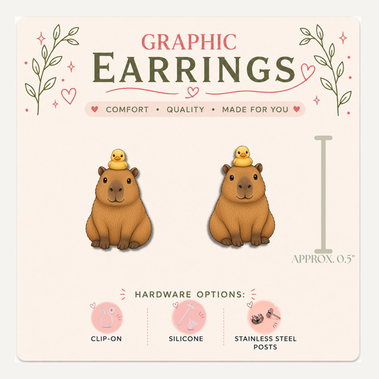 Capybara Duck Stud Earrings, Cute Capybara Earrings, Rubber Ducky Animal Studs, Funny Capybara Gift