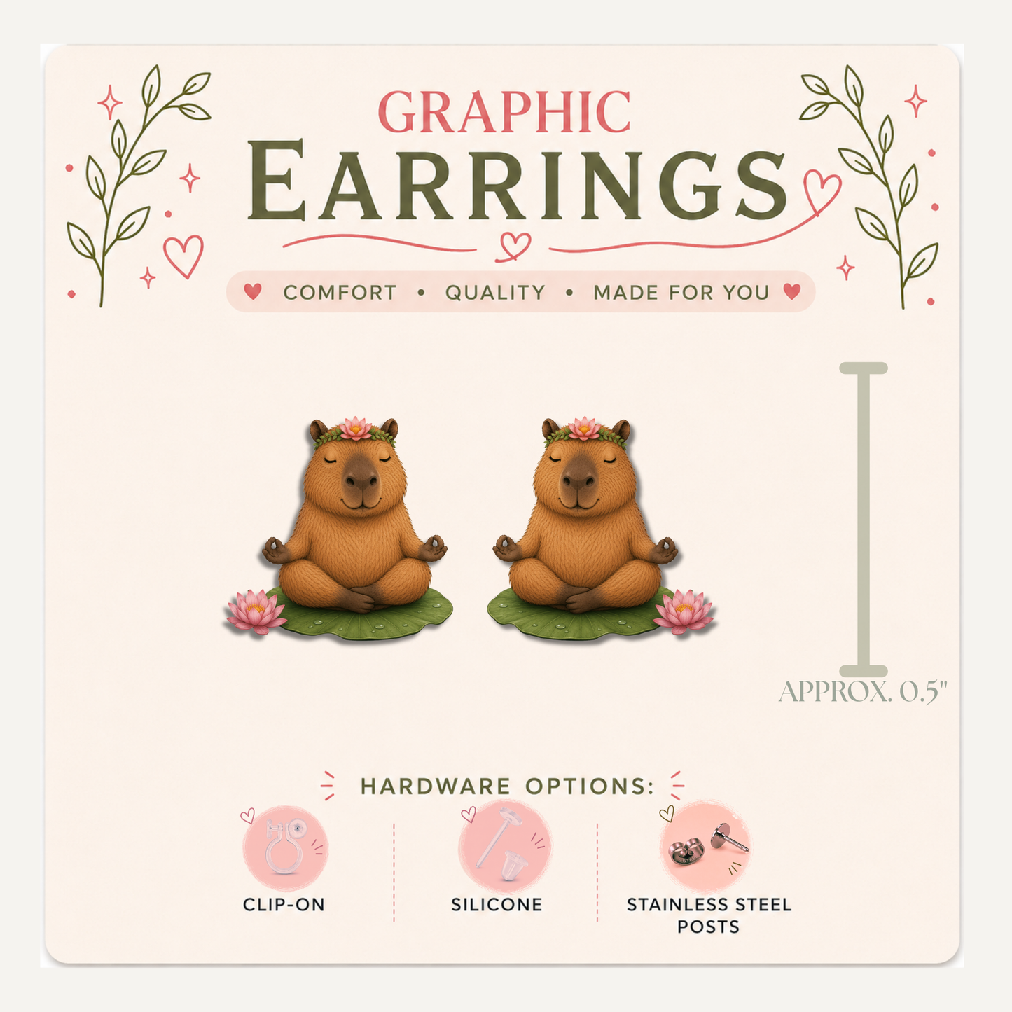 Capybara Meditation Stud Earrings, Yoga Capybara Earrings, Lotus Flower Animal Studs, Cute Zen Jewelry  Description