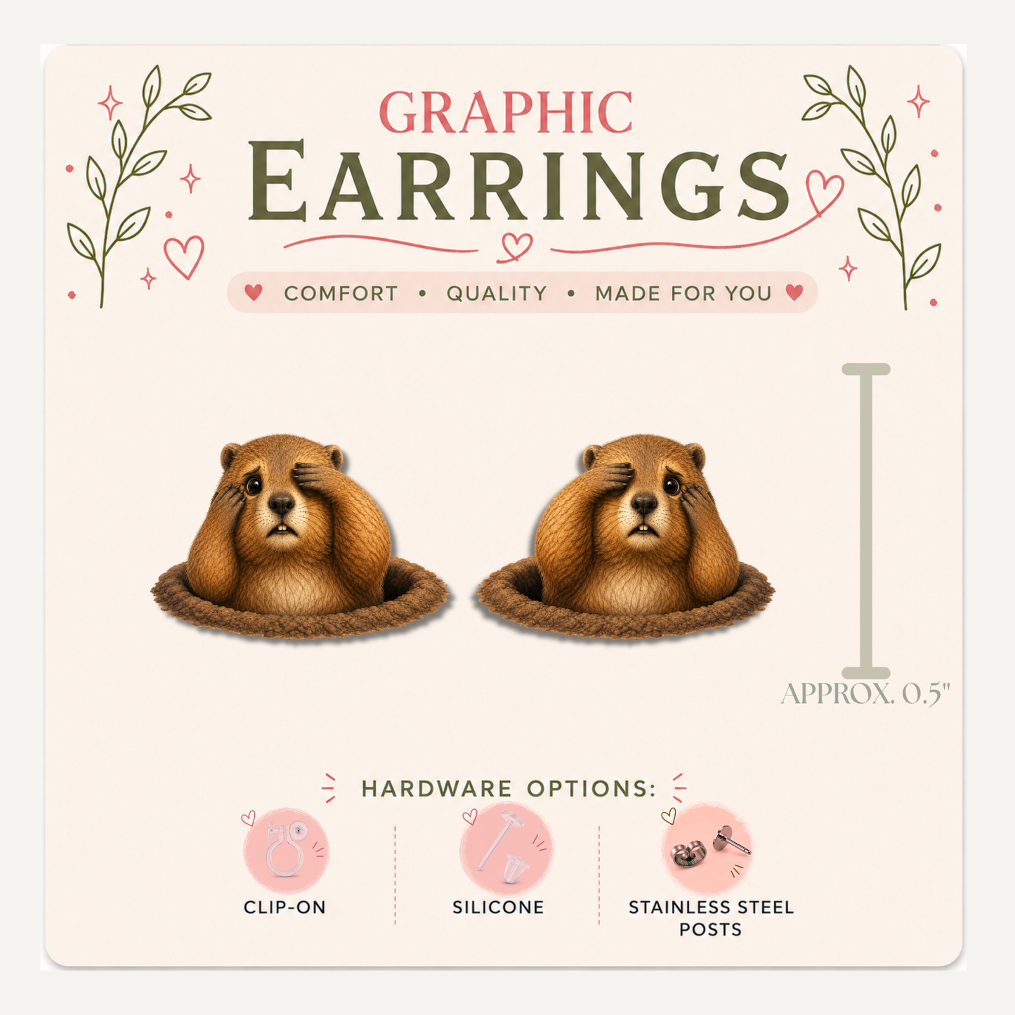 Groundhog Peeking Stud Earrings, Cute Groundhog Earrings, Funny Groundhog Day Studs, Woodland Animal Jewelry