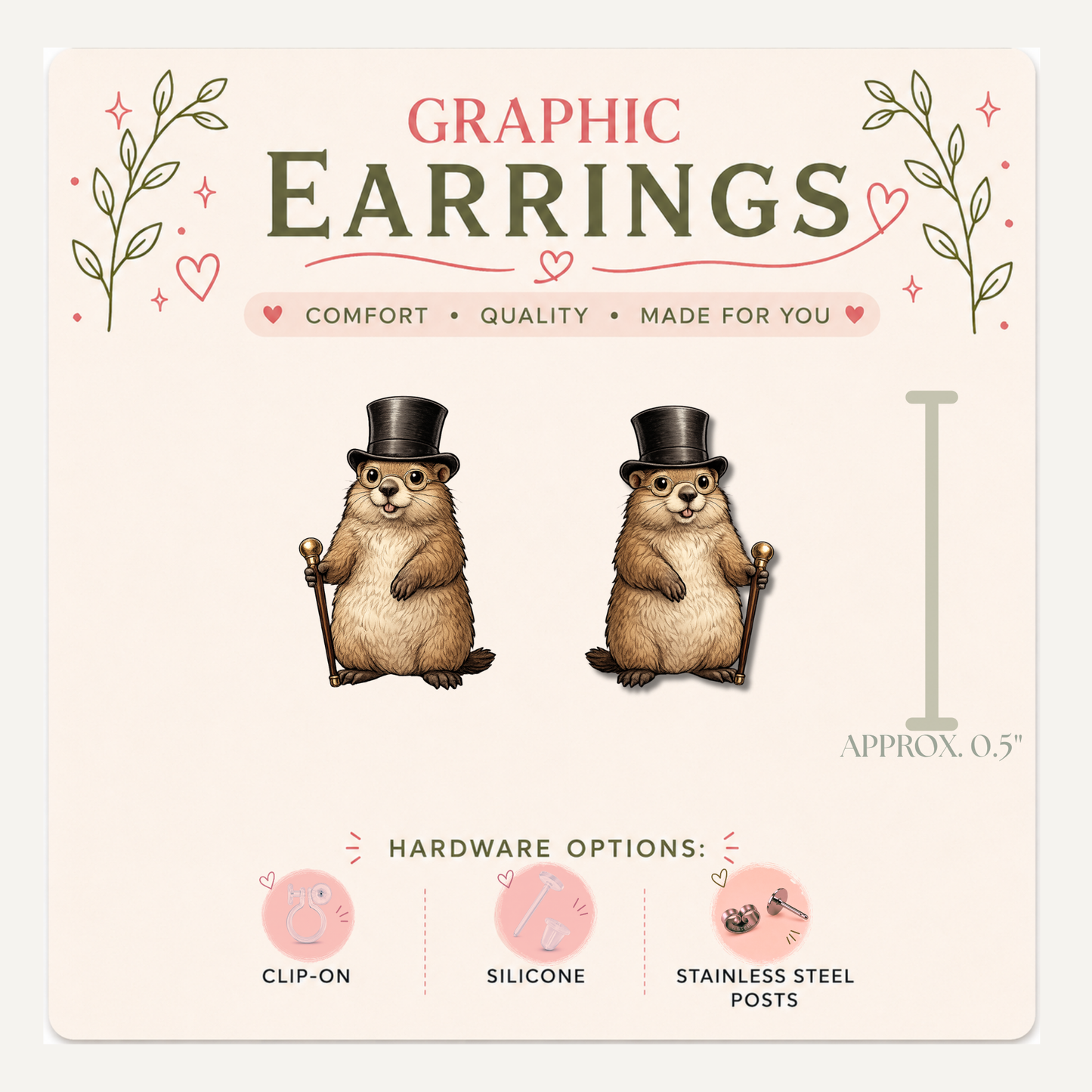 Groundhog Top Hat Stud Earrings, Cute Groundhog Day Earrings, Funny Woodland Animal Studs, Teacher Gift Jewelry