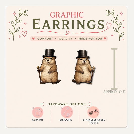 Groundhog Top Hat Stud Earrings, Cute Groundhog Day Earrings, Funny Woodland Animal Studs, Teacher Gift Jewelry