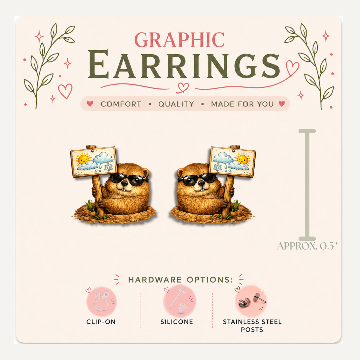Groundhog Weather Forecast Stud Earrings, Funny Groundhog Day Earrings, Cute February Animal Studs, Weather Lover Gift
