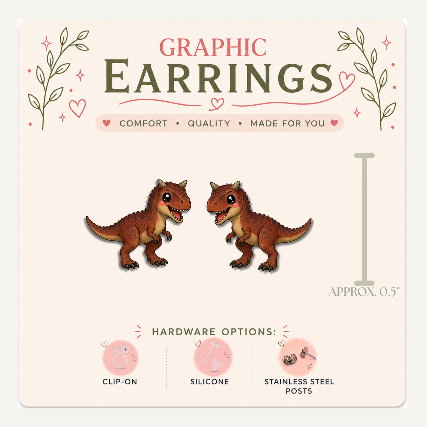 Carnotaurus Stud Earrings, Cute Dinosaur Earrings, Red Dino Jewelry, Prehistoric Earrings, Dinosaur Lover Gift