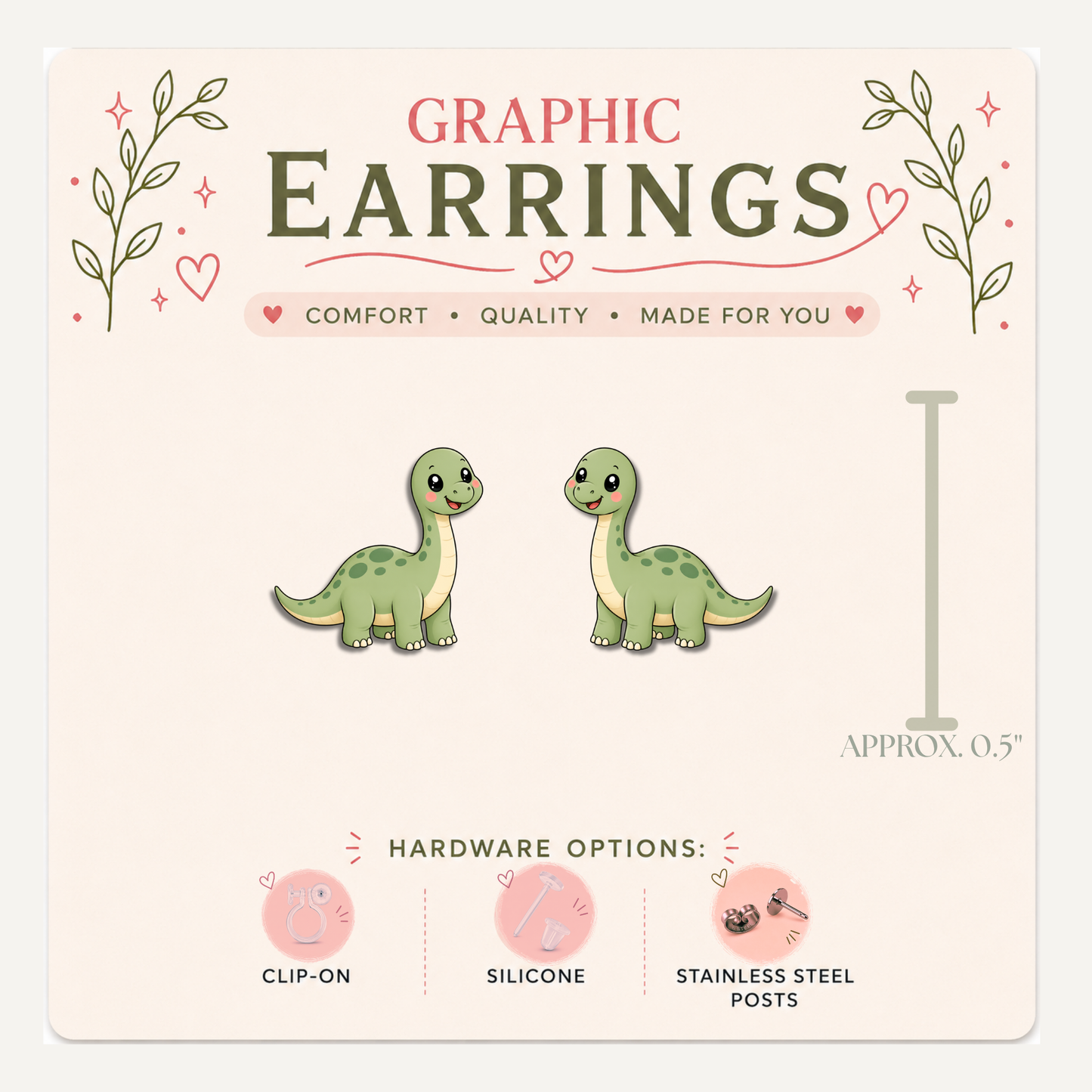 Brontosaurus Stud Earrings, Cute Long Neck Dinosaur Earrings, Green Dino Jewelry, Prehistoric Dinosaur Lover Gift