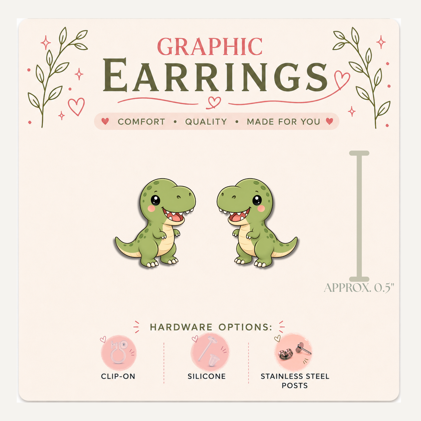 Cute T-Rex Stud Earrings, Green Dinosaur Earrings, Whimsical Dino Jewelry, Teacher Gift, Lightweight Graphic Studs