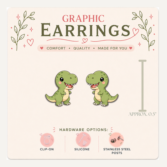 Cute T-Rex Stud Earrings, Green Dinosaur Earrings, Whimsical Dino Jewelry, Teacher Gift, Lightweight Graphic Studs