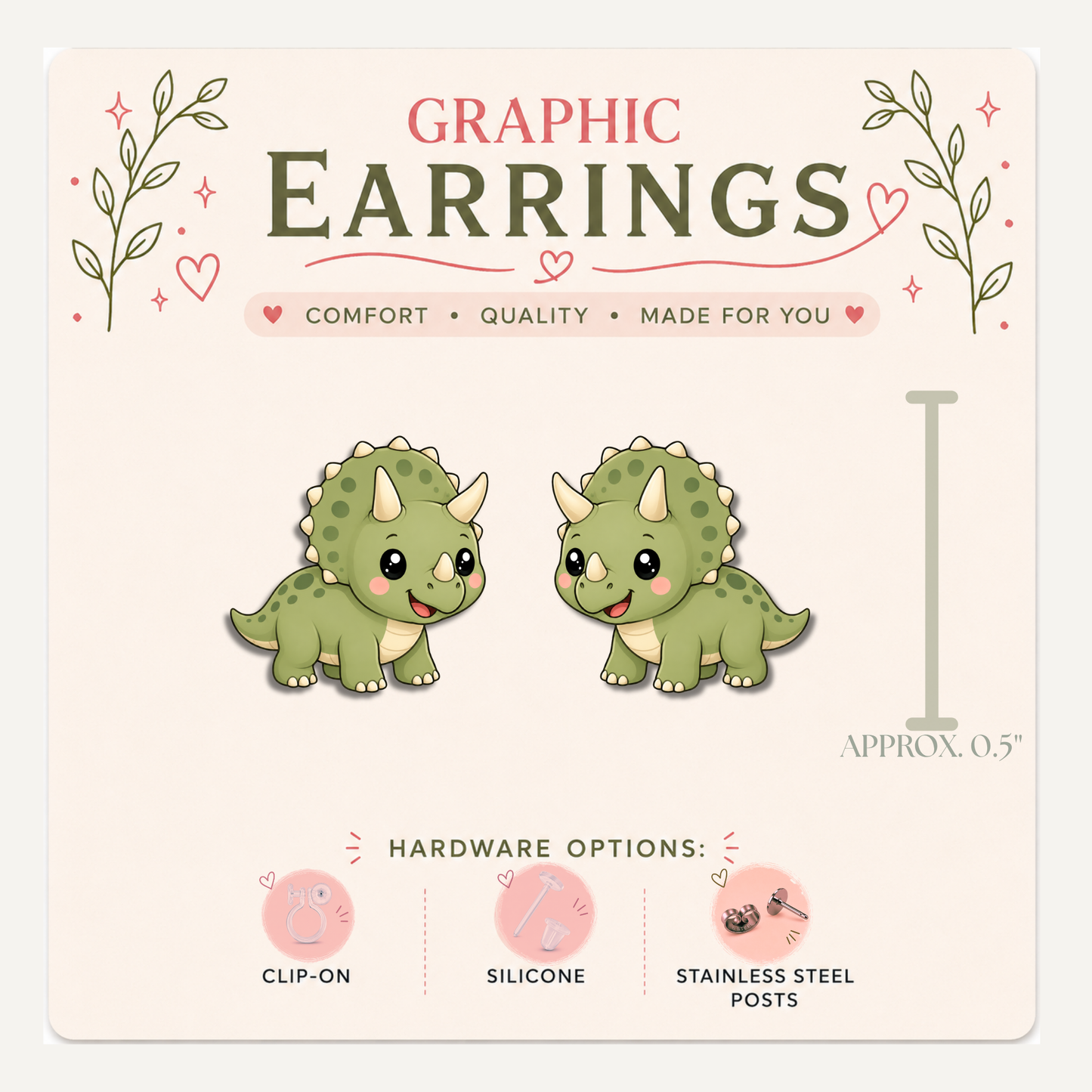 Triceratops Stud Earrings, Cute Dinosaur Earrings, Green Dino Jewelry, Whimsical Teacher Earrings, Lightweight Graphic Studs