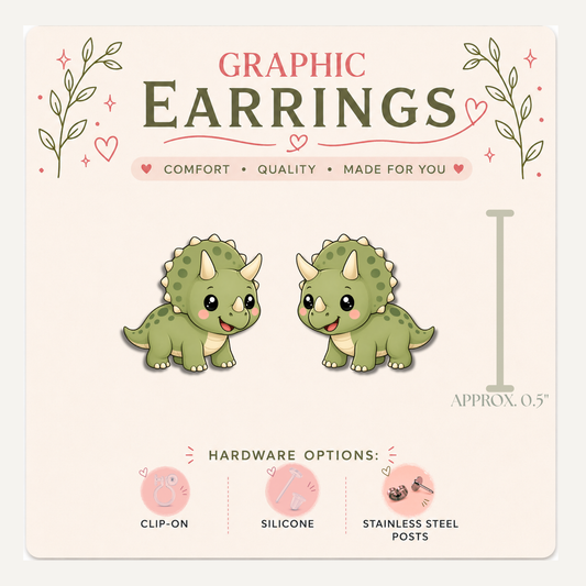 Triceratops Stud Earrings, Cute Dinosaur Earrings, Green Dino Jewelry, Whimsical Teacher Earrings, Lightweight Graphic Studs