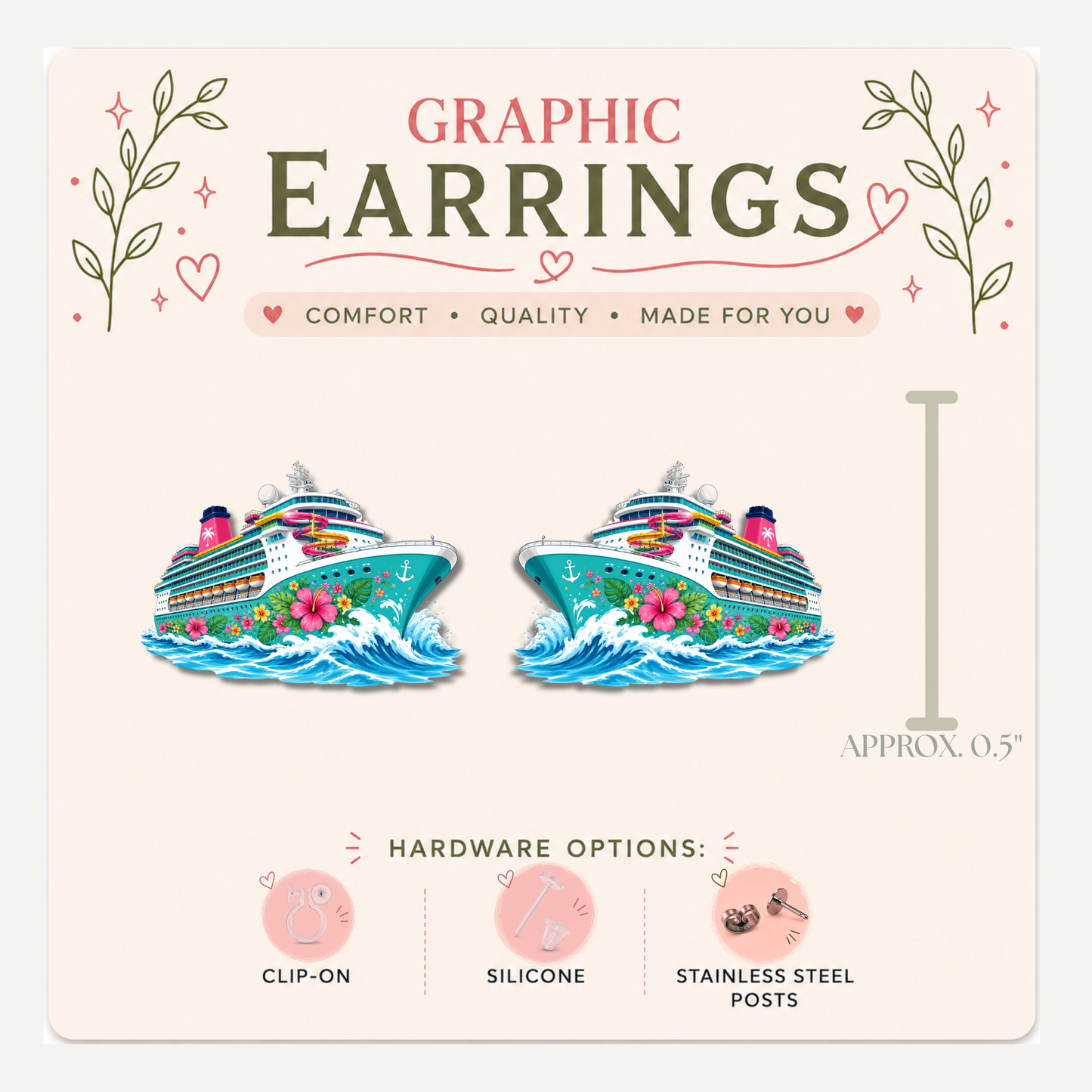 Cruise Ship Stud Earrings, Tropical Vacation Jewelry, Cruise Lover Gift, Travel Graphic Studs