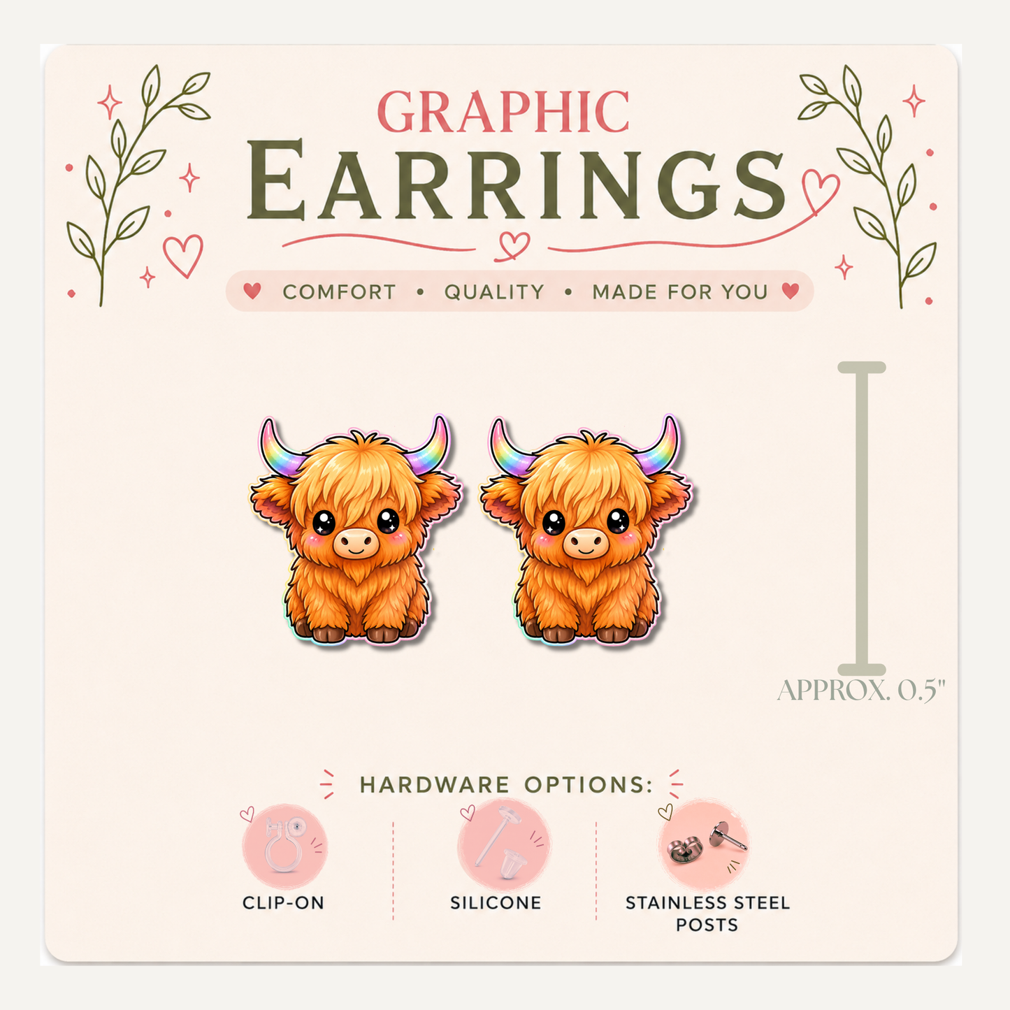 Highland Cow Stud Earrings, Rainbow Horn Jewelry, Farm Animal Gift, Graphic Studs