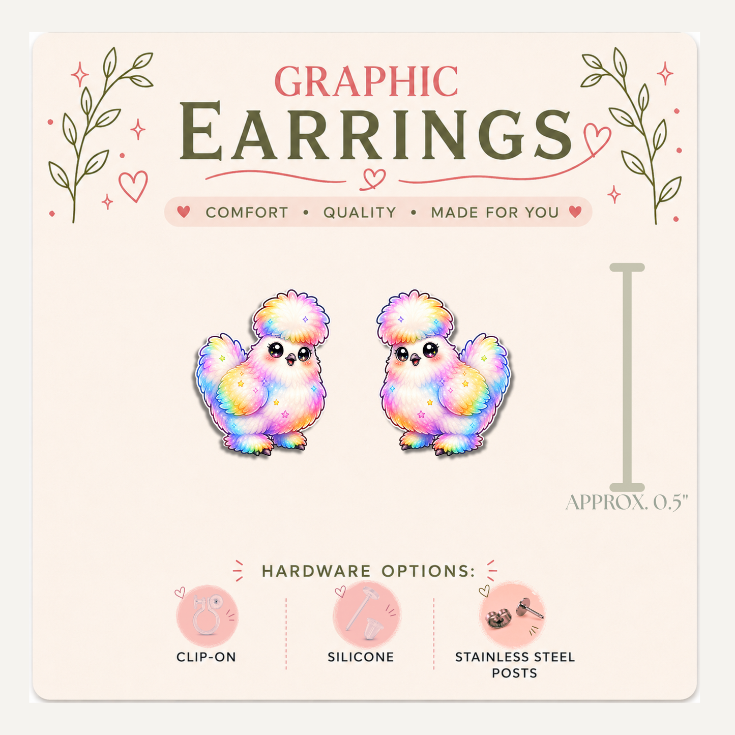 Silkie Chicken Stud Earrings, Rainbow Chicken Jewelry, Chicken Lover Gift, Farm Animal Graphic Studs