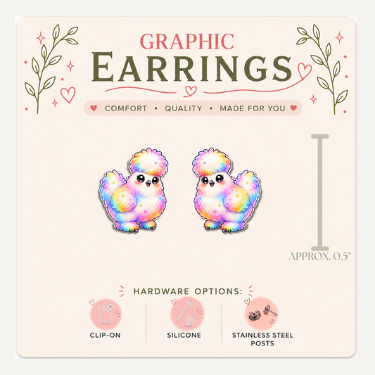 Silkie Chicken Stud Earrings, Rainbow Chicken Jewelry, Chicken Lover Gift, Farm Animal Graphic Studs