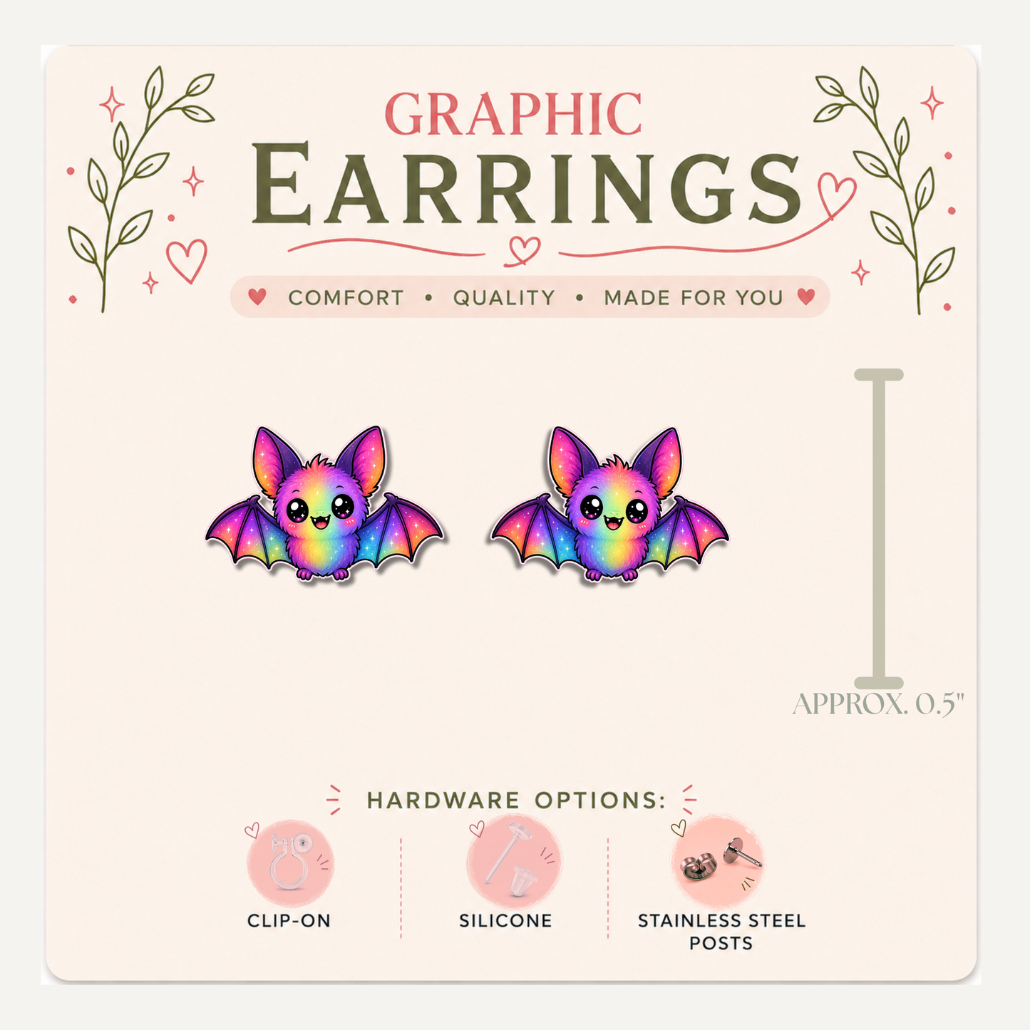 Rainbow Bat Stud Earrings, Colorful Bat Jewelry, Halloween Animal Gift, Kawaii Graphic Studs