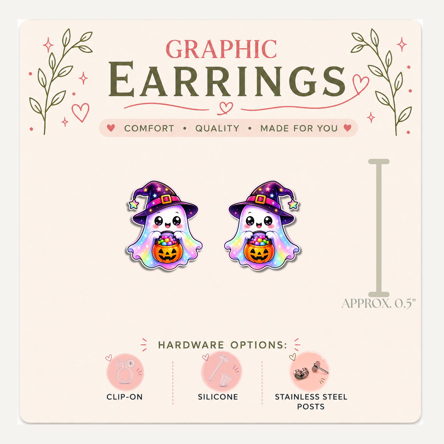 Rainbow Ghost Stud Earrings, Witch Hat Halloween Jewelry, Trick or Treat Ghost Studs