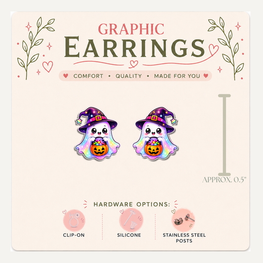 Rainbow Ghost Stud Earrings, Witch Hat Halloween Jewelry, Trick or Treat Ghost Studs