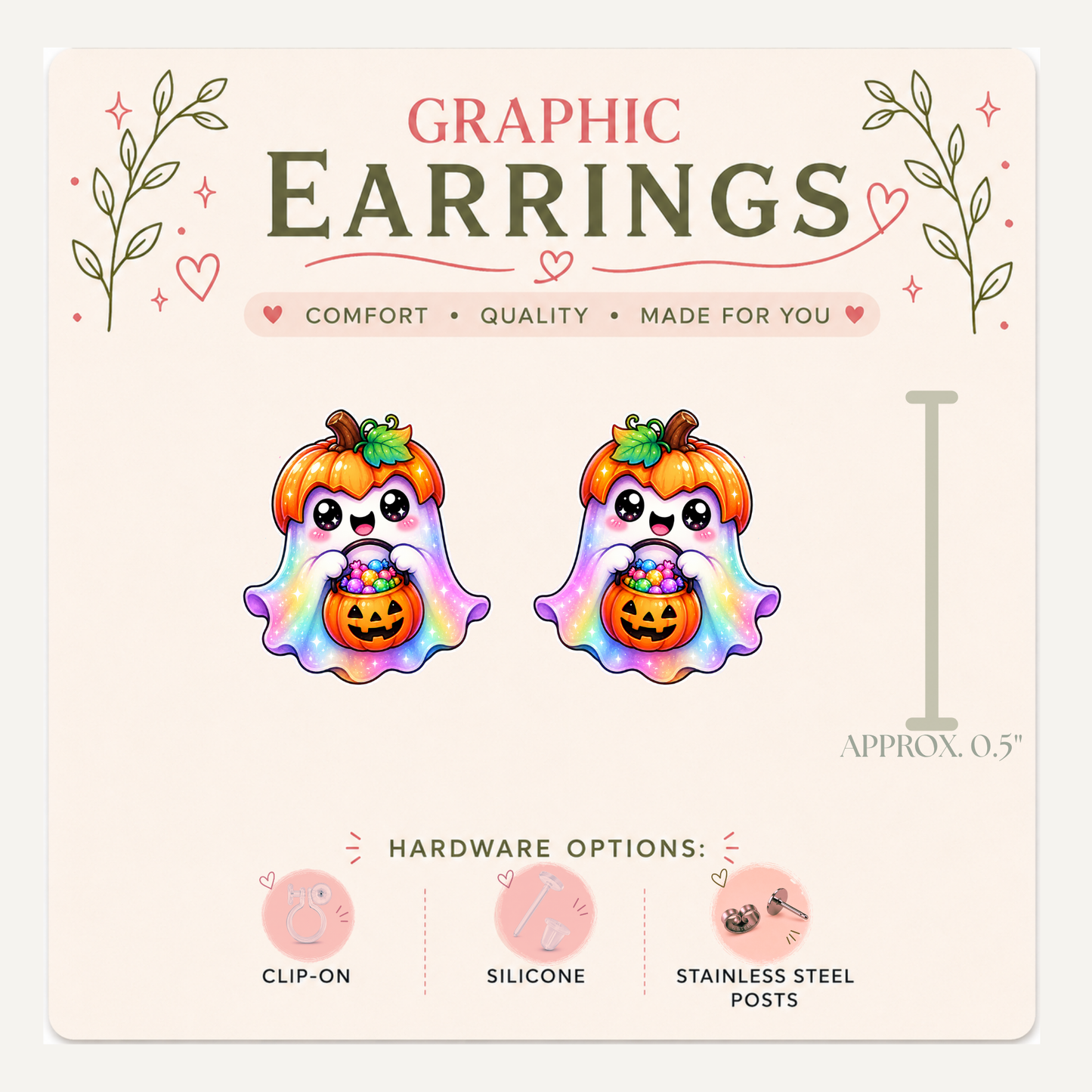 Rainbow Ghost Stud Earrings, Pumpkin Halloween Jewelry, Trick or Treat Ghost Studs