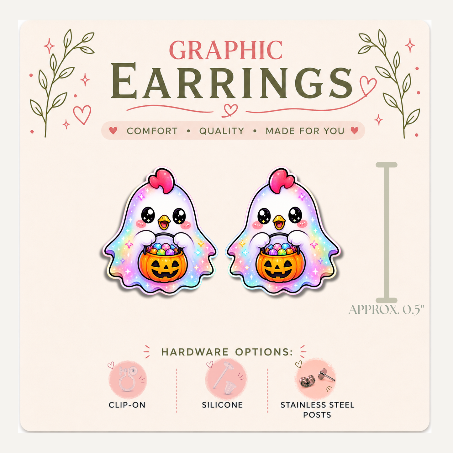 Chicken Ghost Stud Earrings, Halloween Chicken Jewelry, Trick or Treat Hen Studs