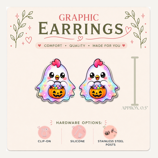 Chicken Ghost Stud Earrings, Halloween Chicken Jewelry, Trick or Treat Hen Studs