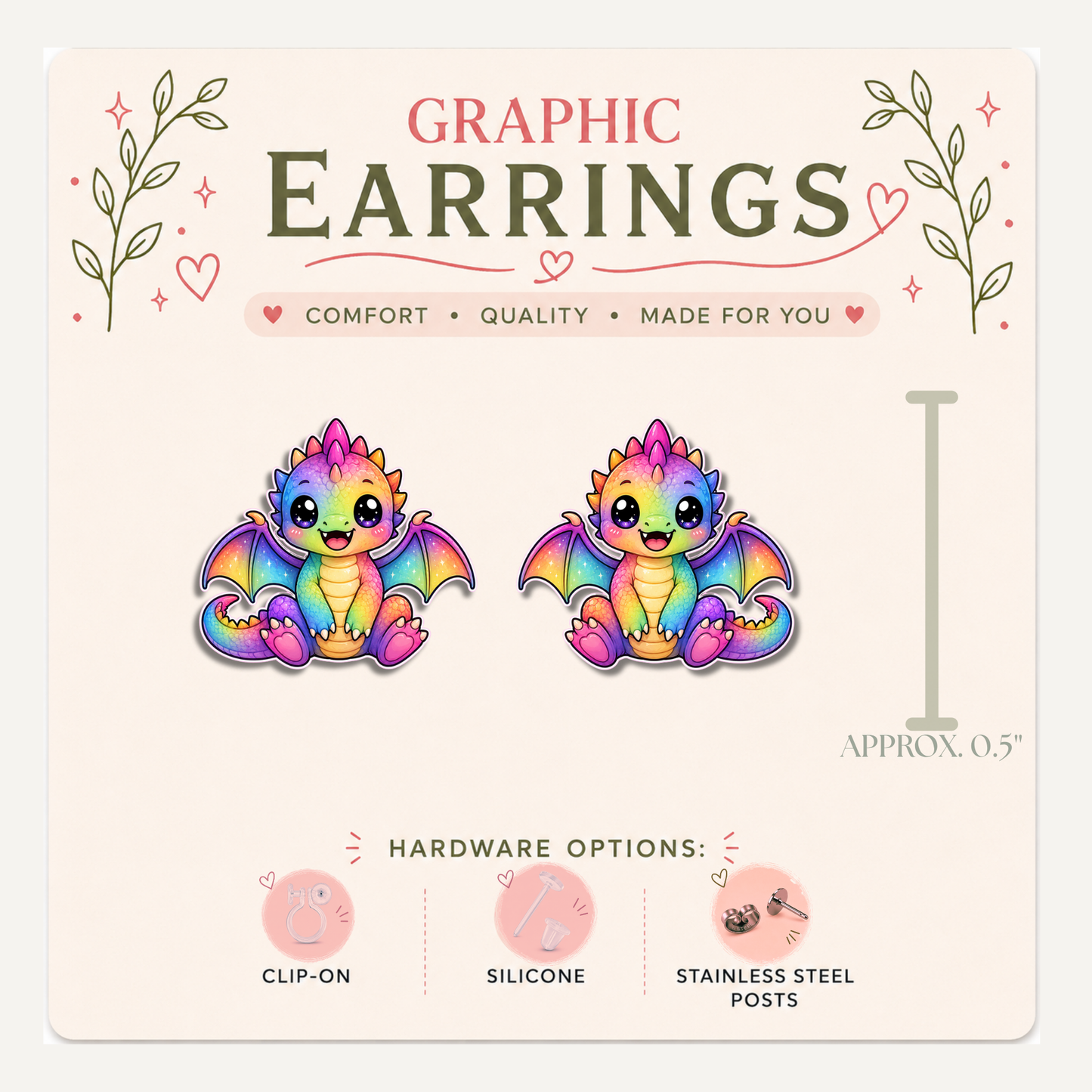 Rainbow Dragon Stud Earrings, Fantasy Dragon Jewelry, Colorful Magical Creature Studs