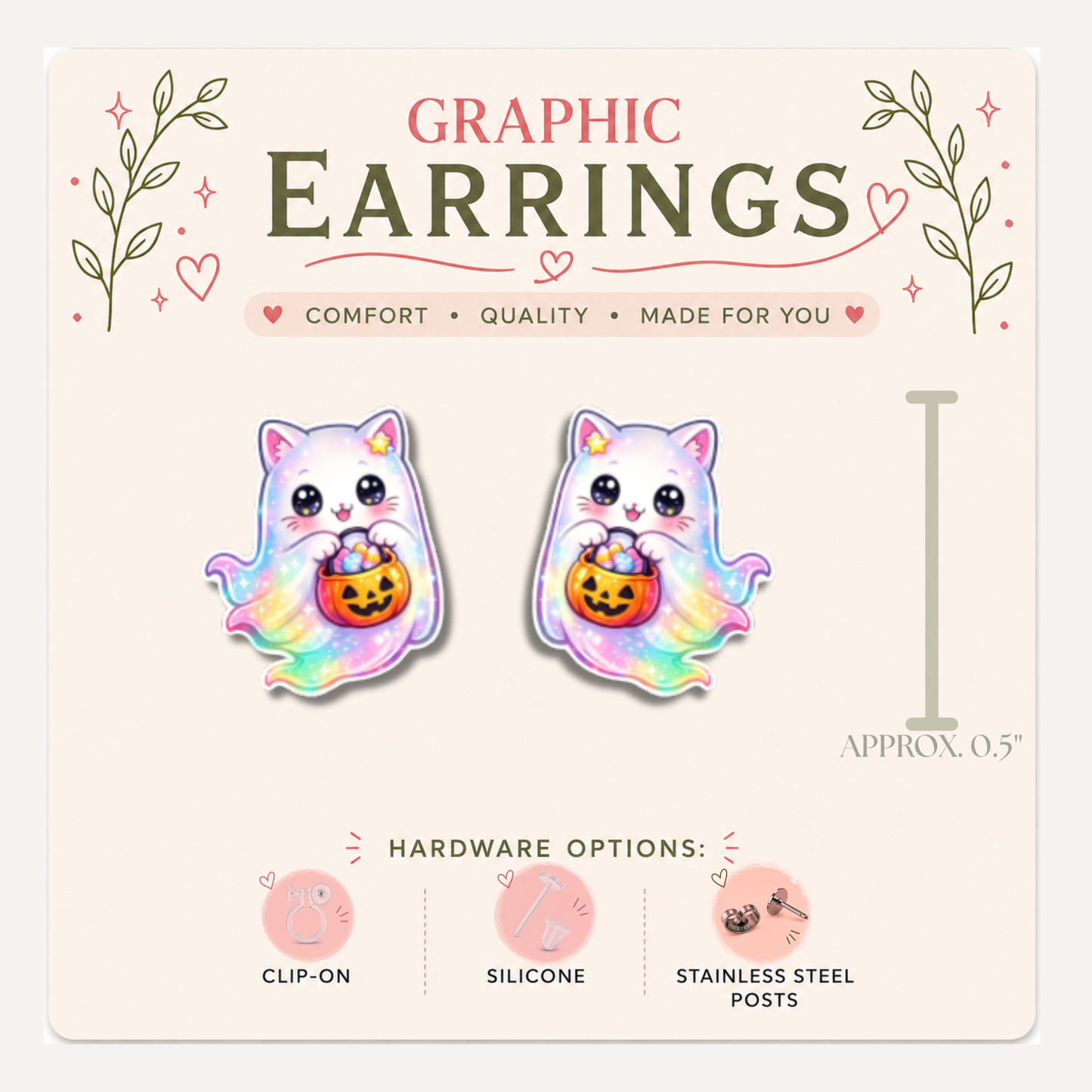 Rainbow Ghost Cat Stud Earrings, Halloween Kitty Jewelry, Trick or Treat Cat Studs