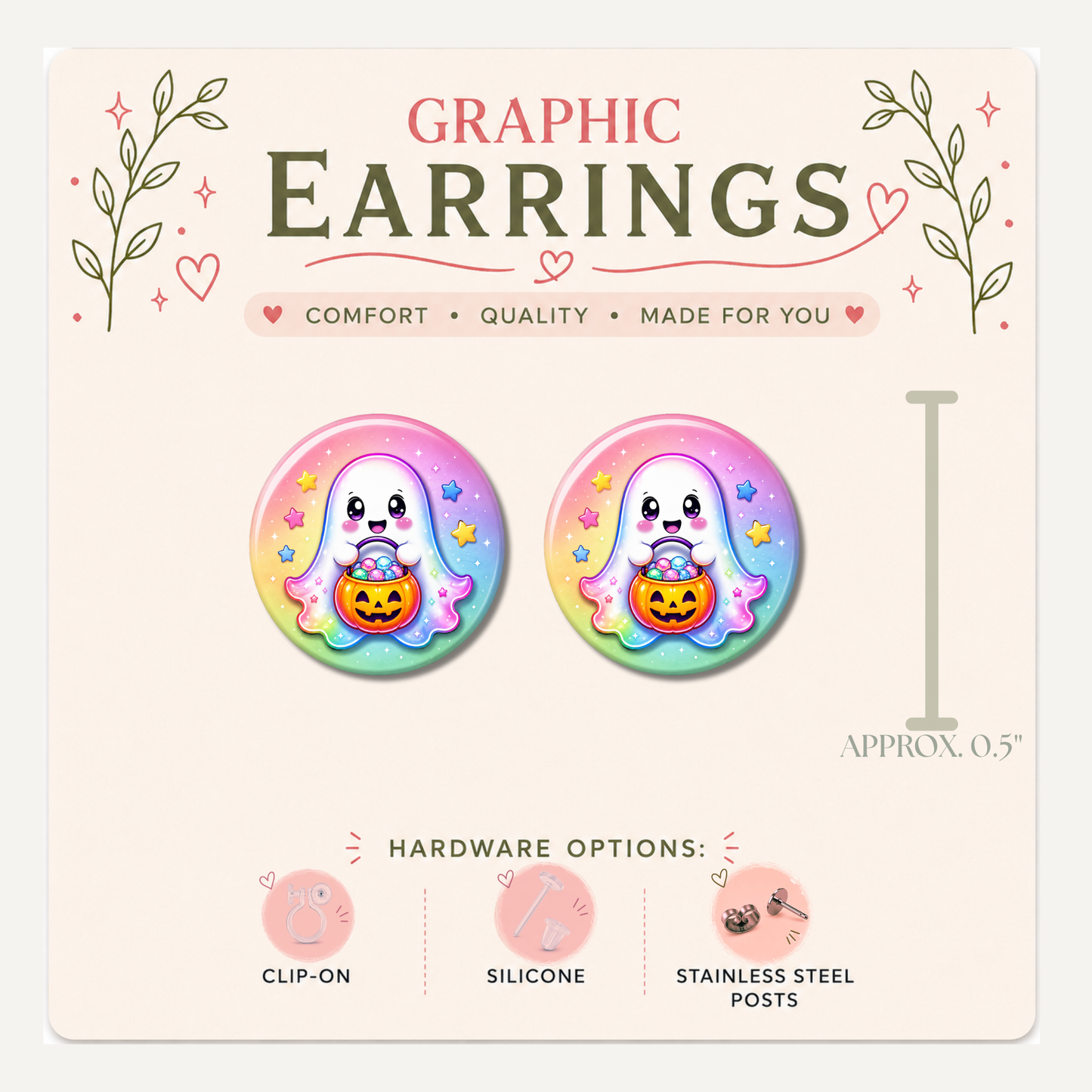 Rainbow Ghost Stud Earrings, Pastel Halloween Jewelry, Trick or Treat Ghost Studs