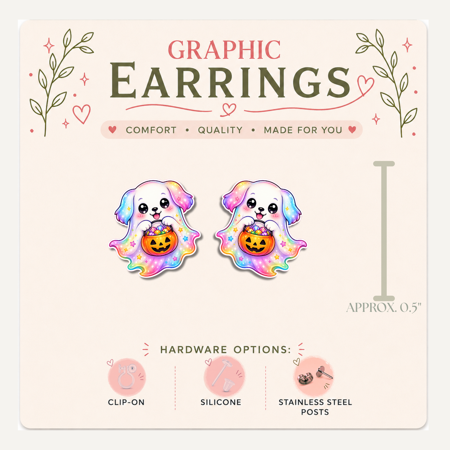Rainbow Ghost Dog Stud Earrings, Halloween Puppy Jewelry, Trick or Treat Studs