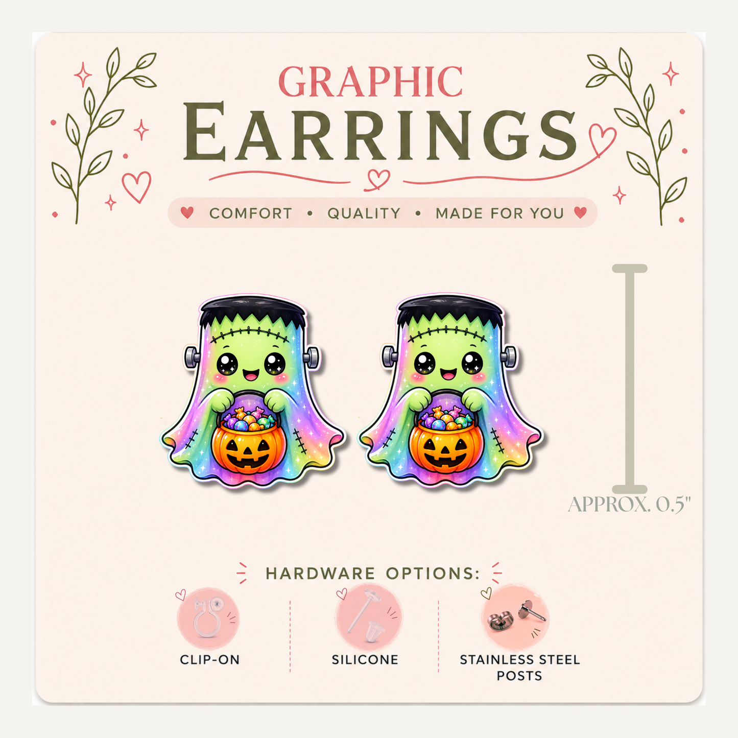Rainbow Frankenstein Stud Earrings, Trick or Treat Monster, Halloween Graphic Jewelry (0.5")