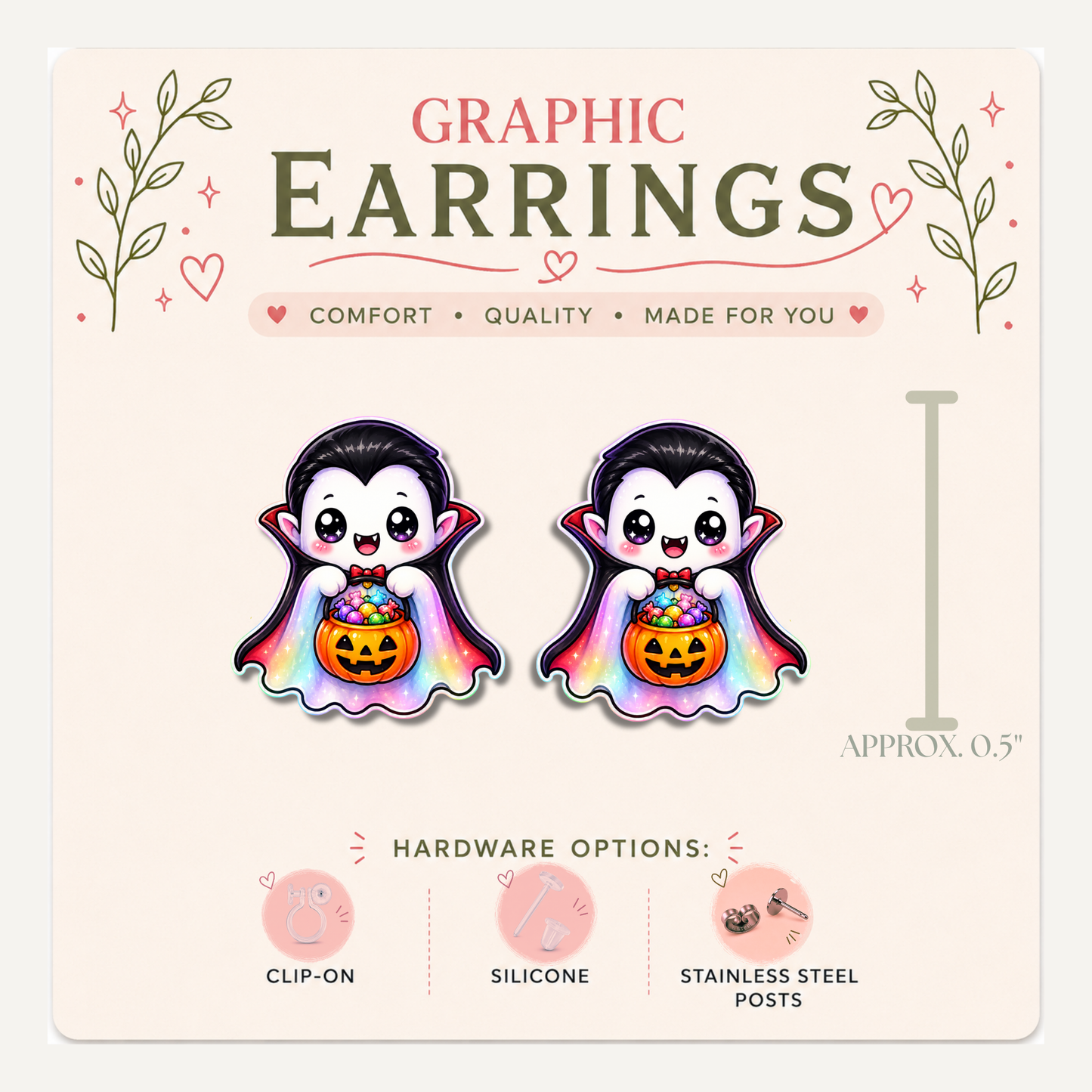 Vampire Stud Earrings, Rainbow Trick or Treat Dracula, Halloween Graphic Jewelry (0.5")
