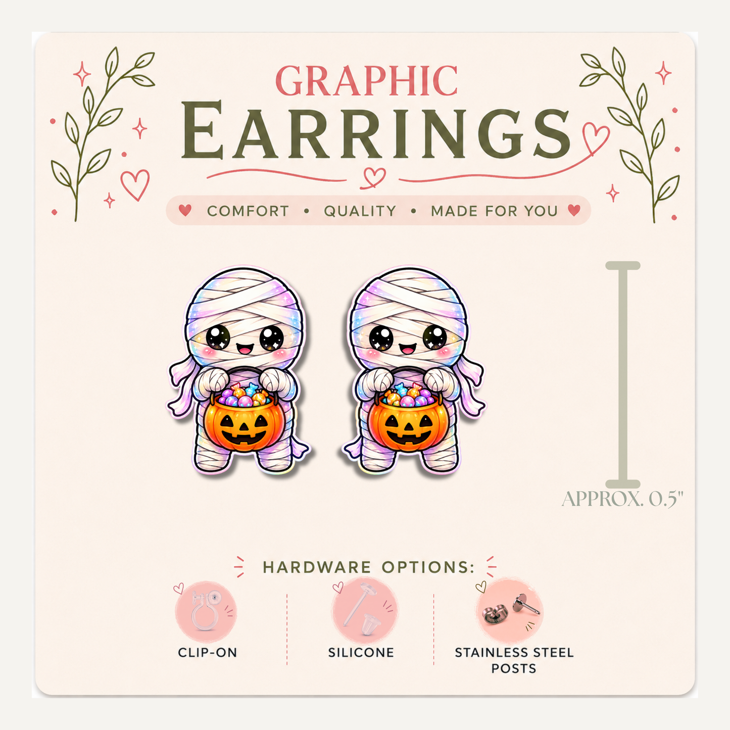 Mummy Stud Earrings, Trick or Treat Character, Rainbow Halloween Graphic Jewelry (0.5")
