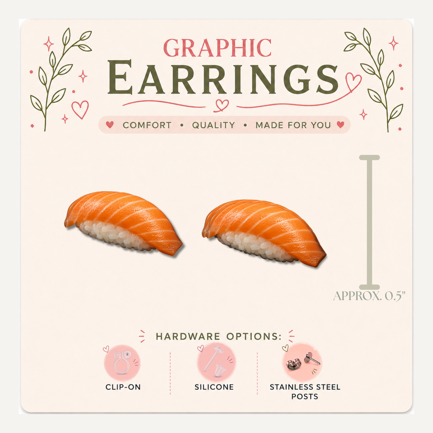 Sushi Stud Earrings, Salmon Nigiri and Soy Sauce, Mismatched Food Jewelry (0.5")