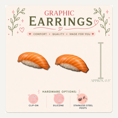 Sushi Stud Earrings, Salmon Nigiri and Soy Sauce, Mismatched Food Jewelry (0.5")
