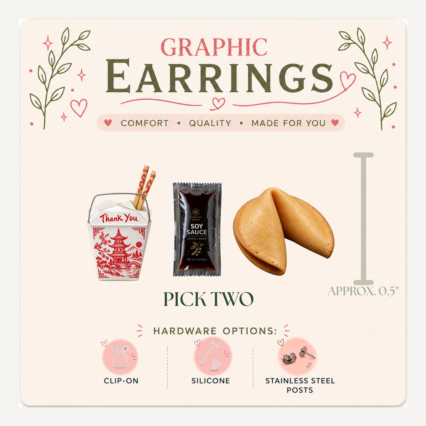 Chinese Takeout Mismatched Stud Earrings, Fortune Cookie Soy Sauce Earrings, Foodie Graphic Studs, Pick Two