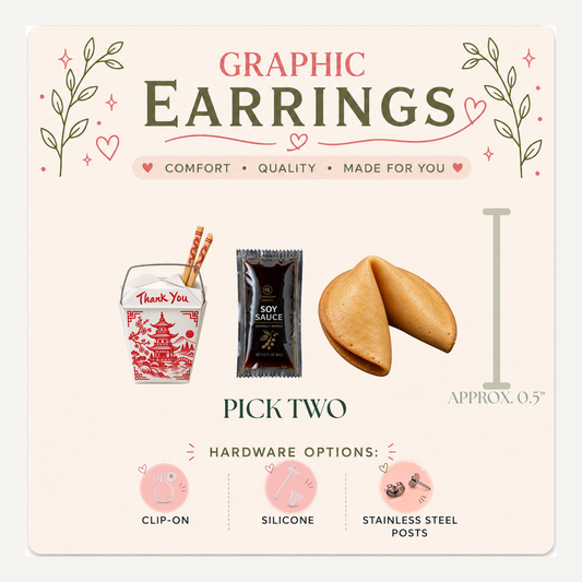 Chinese Takeout Mismatched Stud Earrings, Fortune Cookie Soy Sauce Earrings, Foodie Graphic Studs, Pick Two