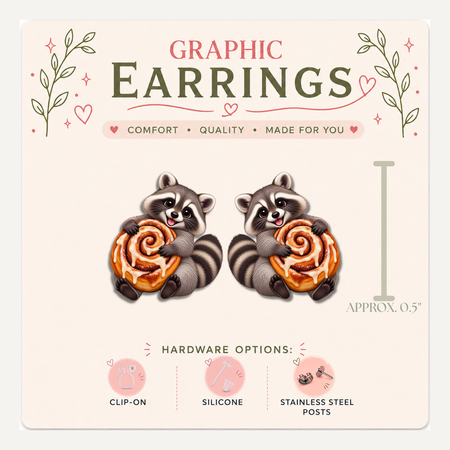 Raccoon Cinnamon Roll Stud Earrings, Woodland Bakery Animal, Lightweight Plastic (0.5")