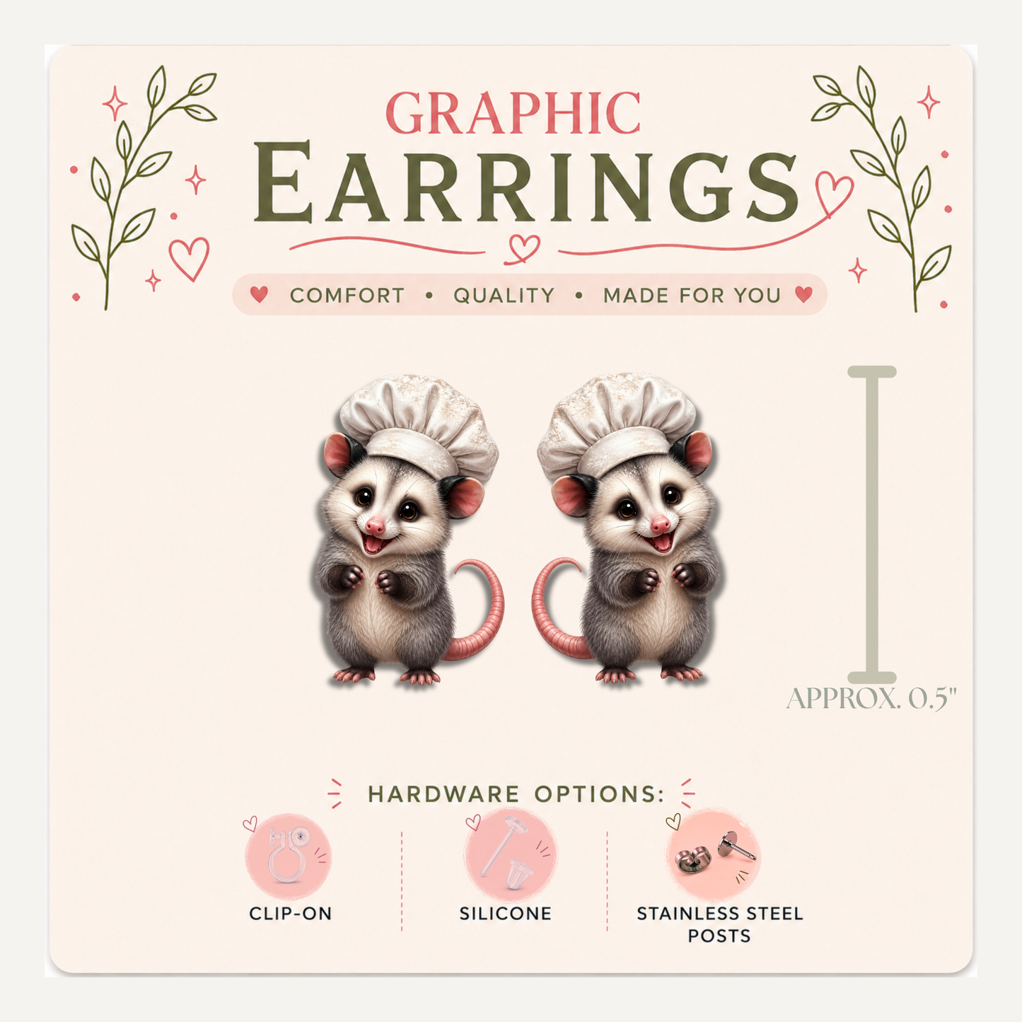 Baker Opossum Stud Earrings, Chef Hat, Woodland Bakery Animal, Lightweight Plastic (0.5")