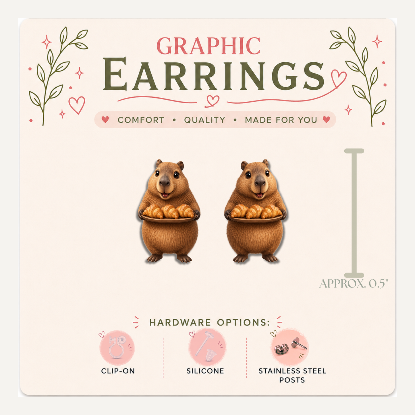 Capybara Croissant Stud Earrings, Woodland Bakery Animal, Lightweight Plastic (0.5")