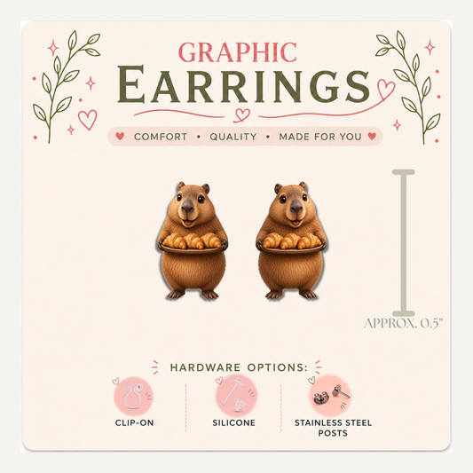 Capybara Croissant Stud Earrings, Woodland Bakery Animal, Lightweight Plastic (0.5")