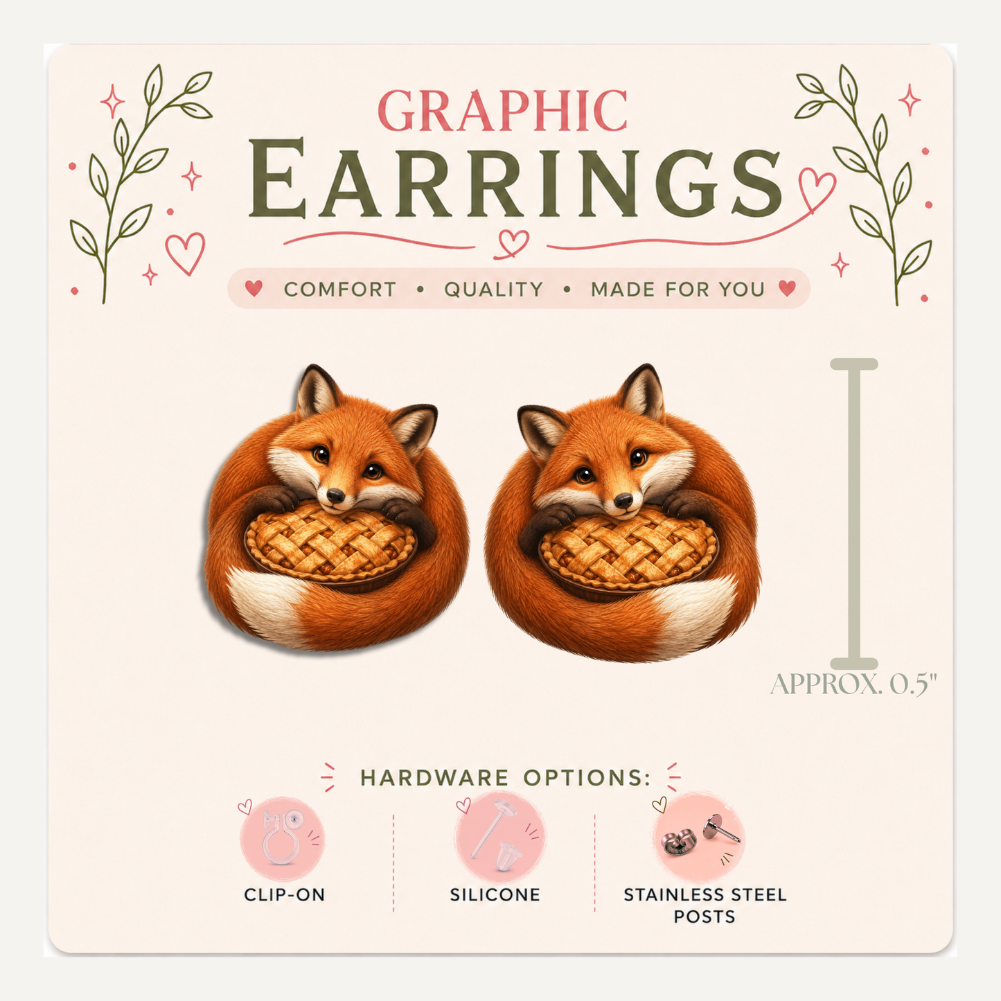 Fox Apple Pie Stud Earrings, Woodland Bakery Animal, Lightweight Plastic (0.5")