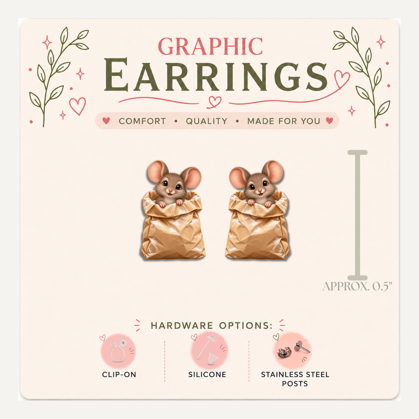 Mouse Flour Bag Stud Earrings, Woodland Bakery Animal, Lightweight Plastic (0.5")