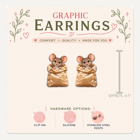 Mouse Flour Bag Stud Earrings, Woodland Bakery Animal, Lightweight Plastic (0.5")