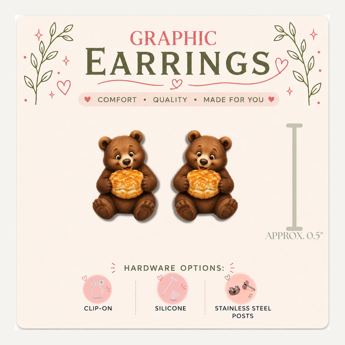 Bear Honey Biscuit Stud Earrings, Woodland Bakery Animal, Lightweight Plastic (0.5")