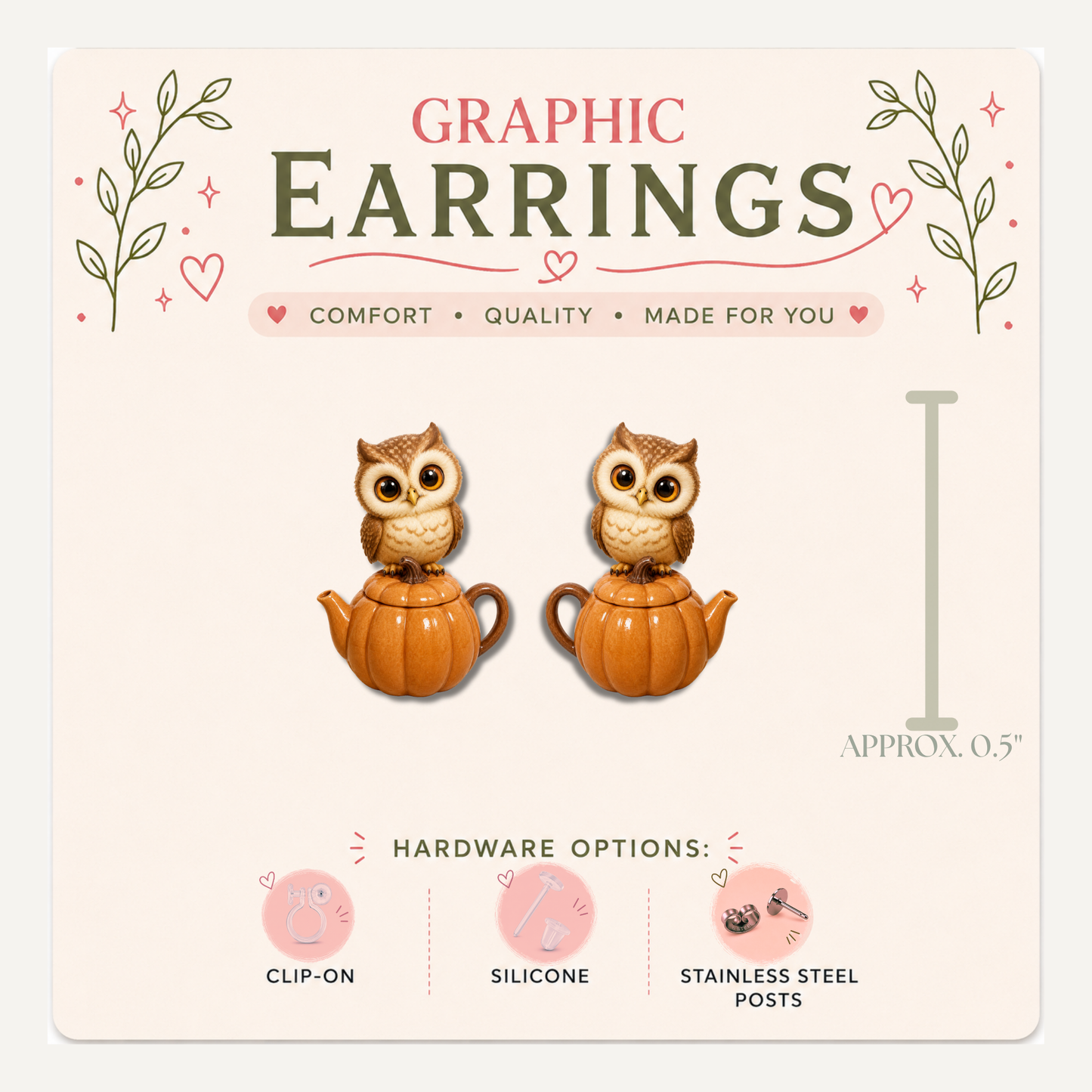 Owl Pumpkin Teapot Stud Earrings, Fall Woodland Animal, Lightweight Plastic (0.5")