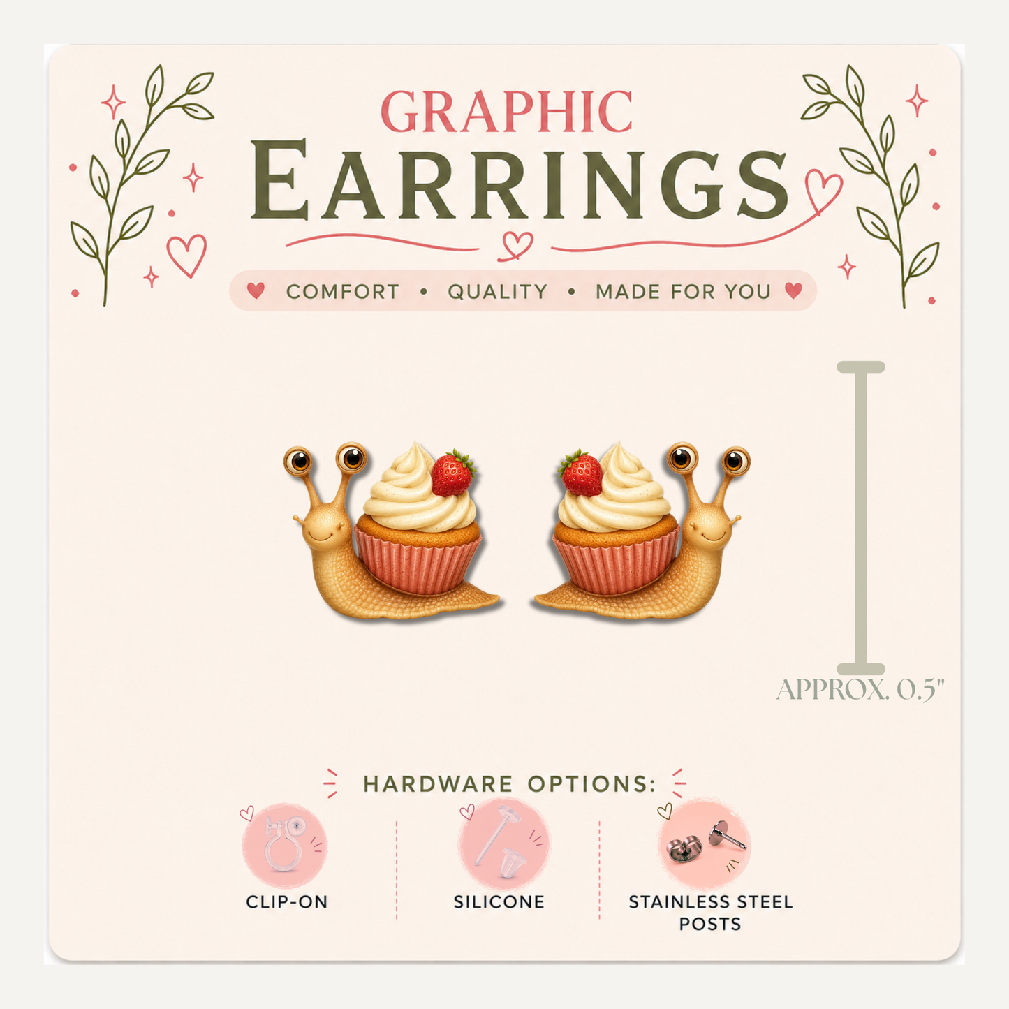 Snail Strawberry Cupcake Stud Earrings, Woodland Bakery, Lightweight Plastic (0.5")