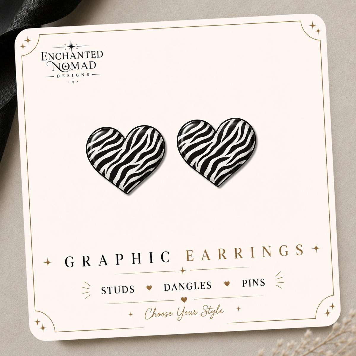Zebra Heart Earrings & Pins