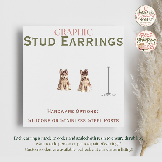 Siberian Husky Stud Earrings, Cute Husky Earrings, Graphic Dog Earrings, Husky Mom Gift, Dog Lover Jewelry, Lightweight Studs