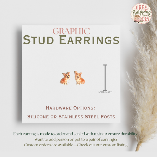 Corgi Stud Earrings, Pembroke Welsh Corgi Earrings, Corgi Mom Gift, Dog Lover Jewelry, Cute Puppy Graphic Stud Earrings