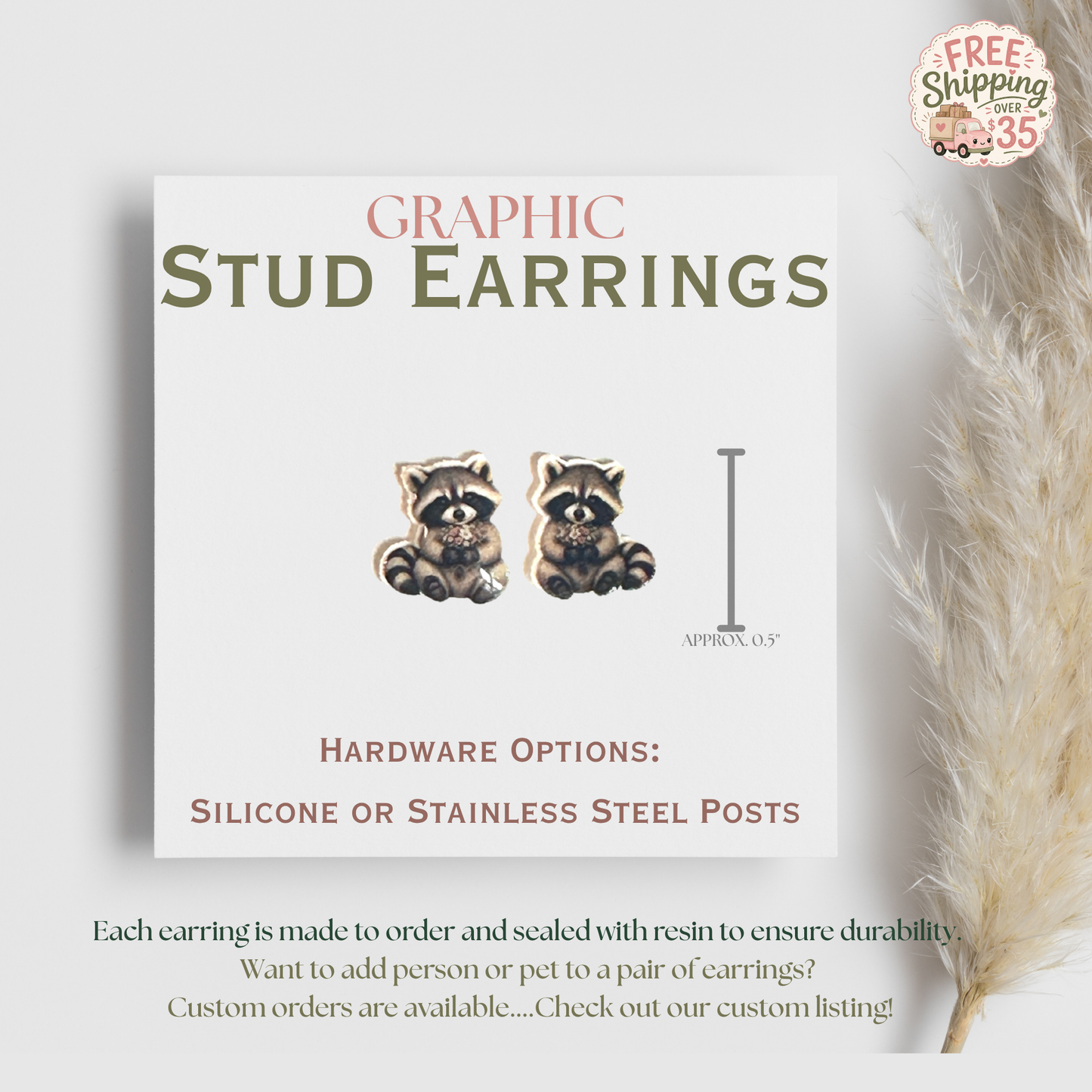 Cute Raccoon Stud Earrings, Woodland Animal Earrings, Raccoon Lover Gift, Graphic Stud Earrings, Nature Lover Jewelry