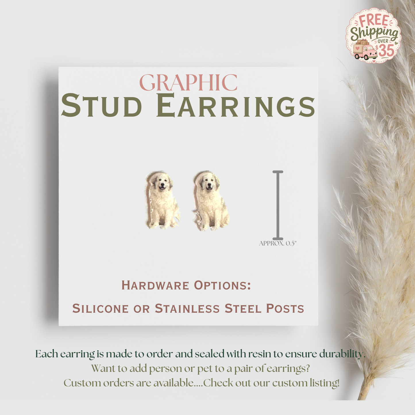Great Pyrenees Stud Earrings, White Fluffy Dog Earrings, Great Pyrenees Mom Gift, Dog Lover Graphic Earrings