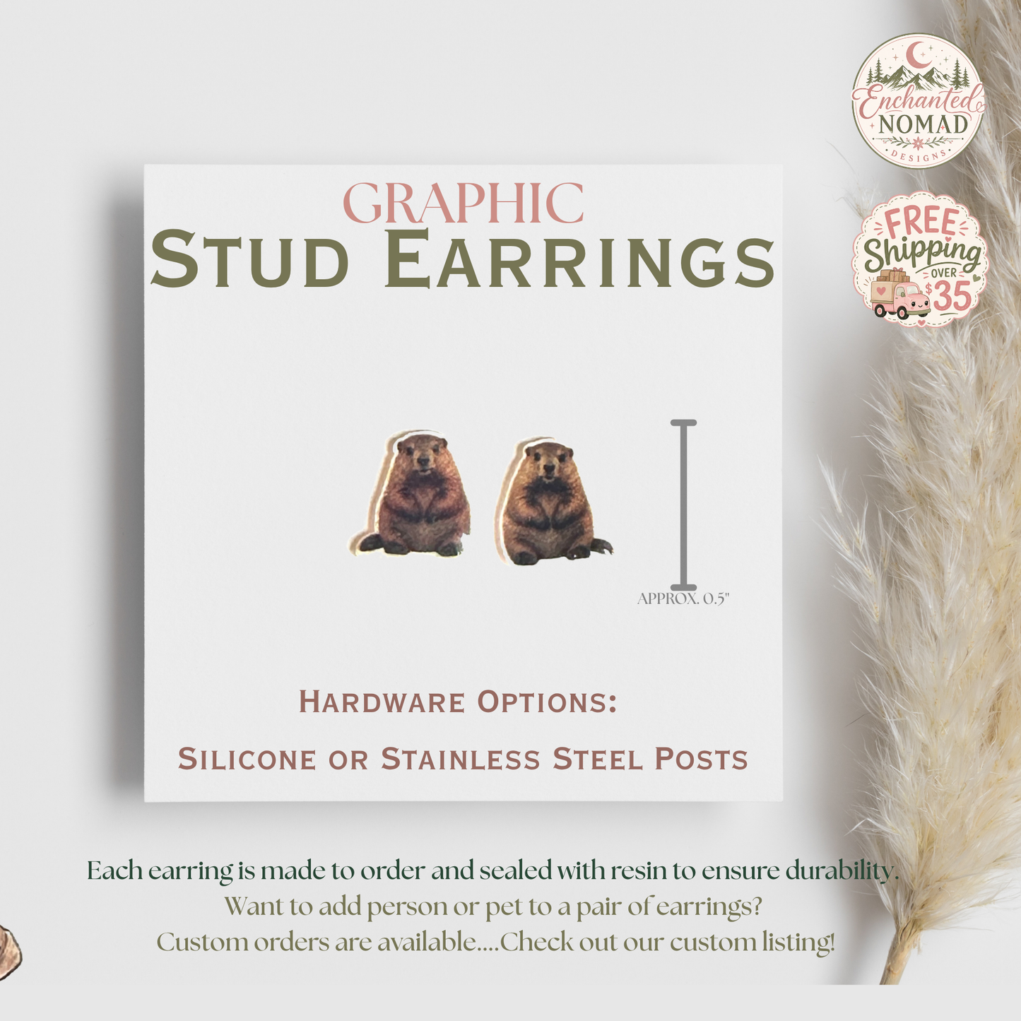 Groundhog Stud Earrings, Cute Groundhog Earrings, Graphic Animal Earrings, Woodland Studs, Groundhog Day Gift, Nature Lover Jewelry